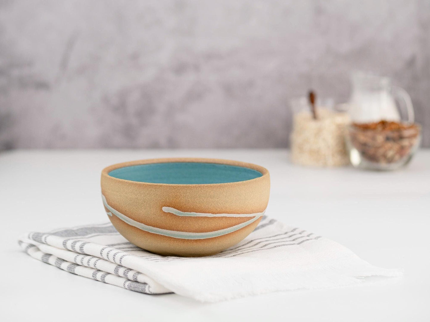 Breakfast Soup Salad Bowl: Turquoise Sandy with Trailing, Stoneware, Handmade Aesthetic Modern Cereal Oatmeal Bowl Stoneware Artisian Bowl