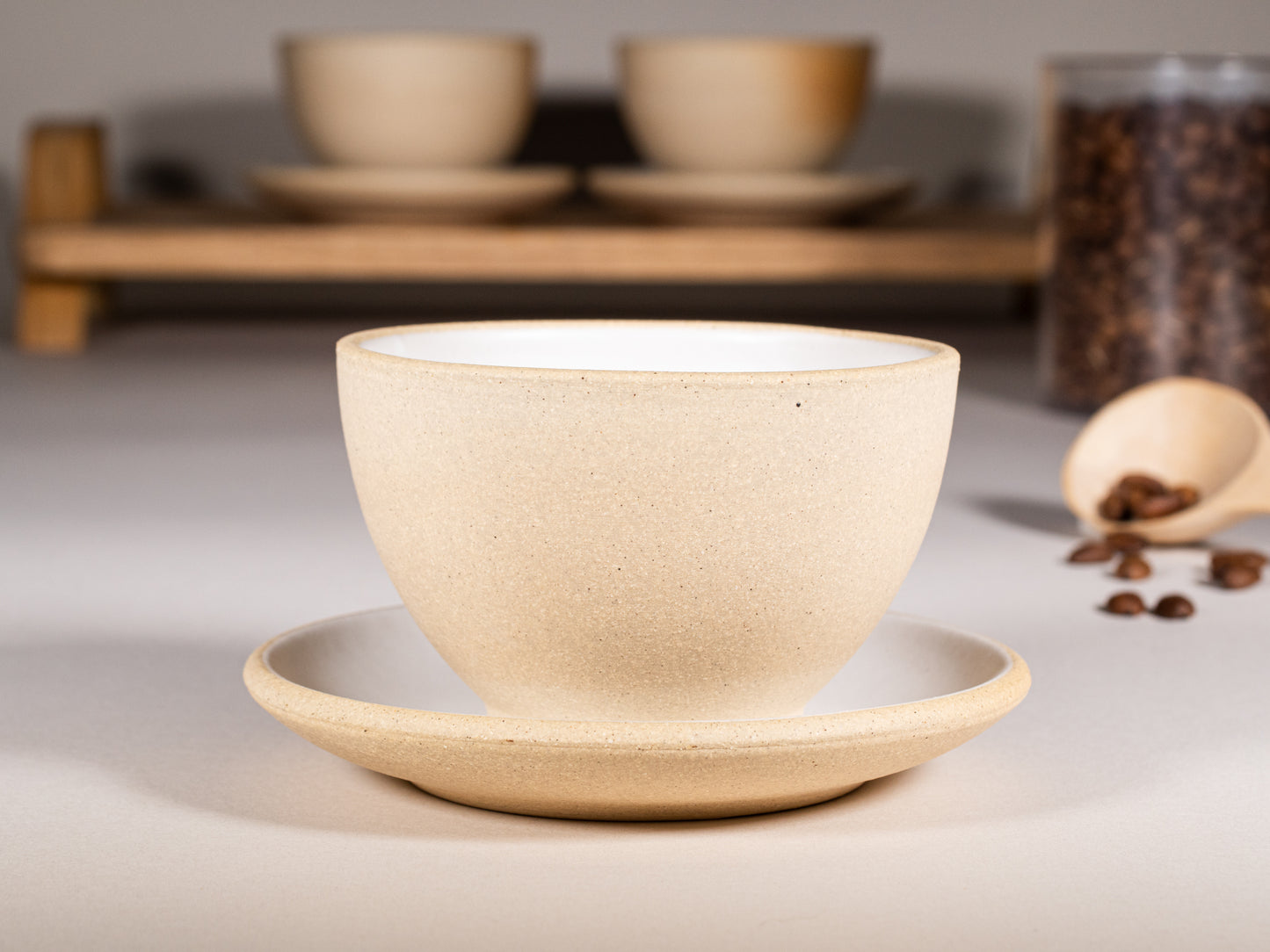 Latte/Cappuccino Cup without Handle, Cupping Bowl: Sandy White, 200 ml, Handmade, Stoneware