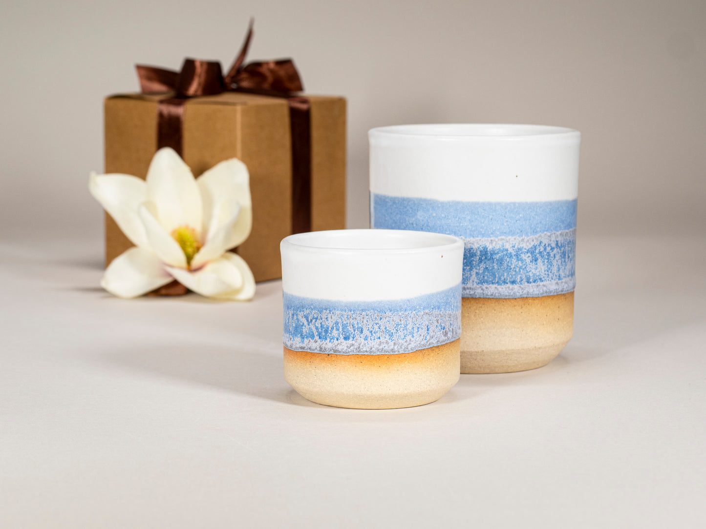 Gift Set: 14 oz cup and 5.5 oz cup in Blue Purple White Stoneware Handmade