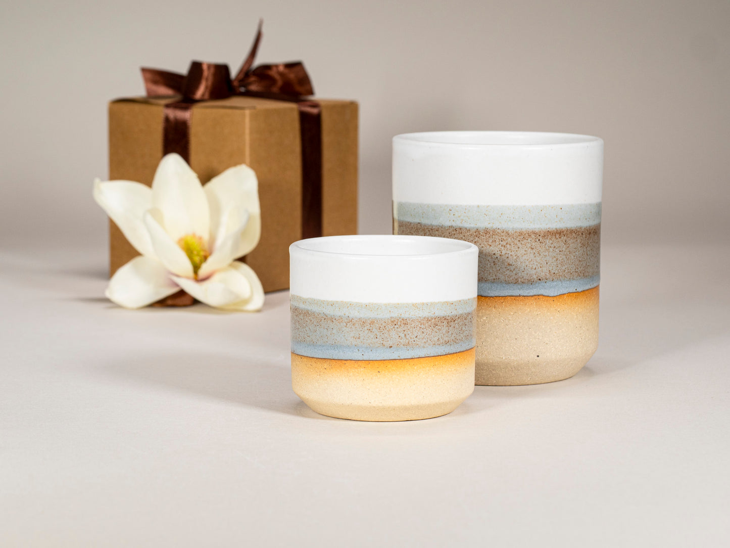 Gift Set: 14 oz cup and 5.5 oz cup in Brown Blue White Stoneware Handmade
