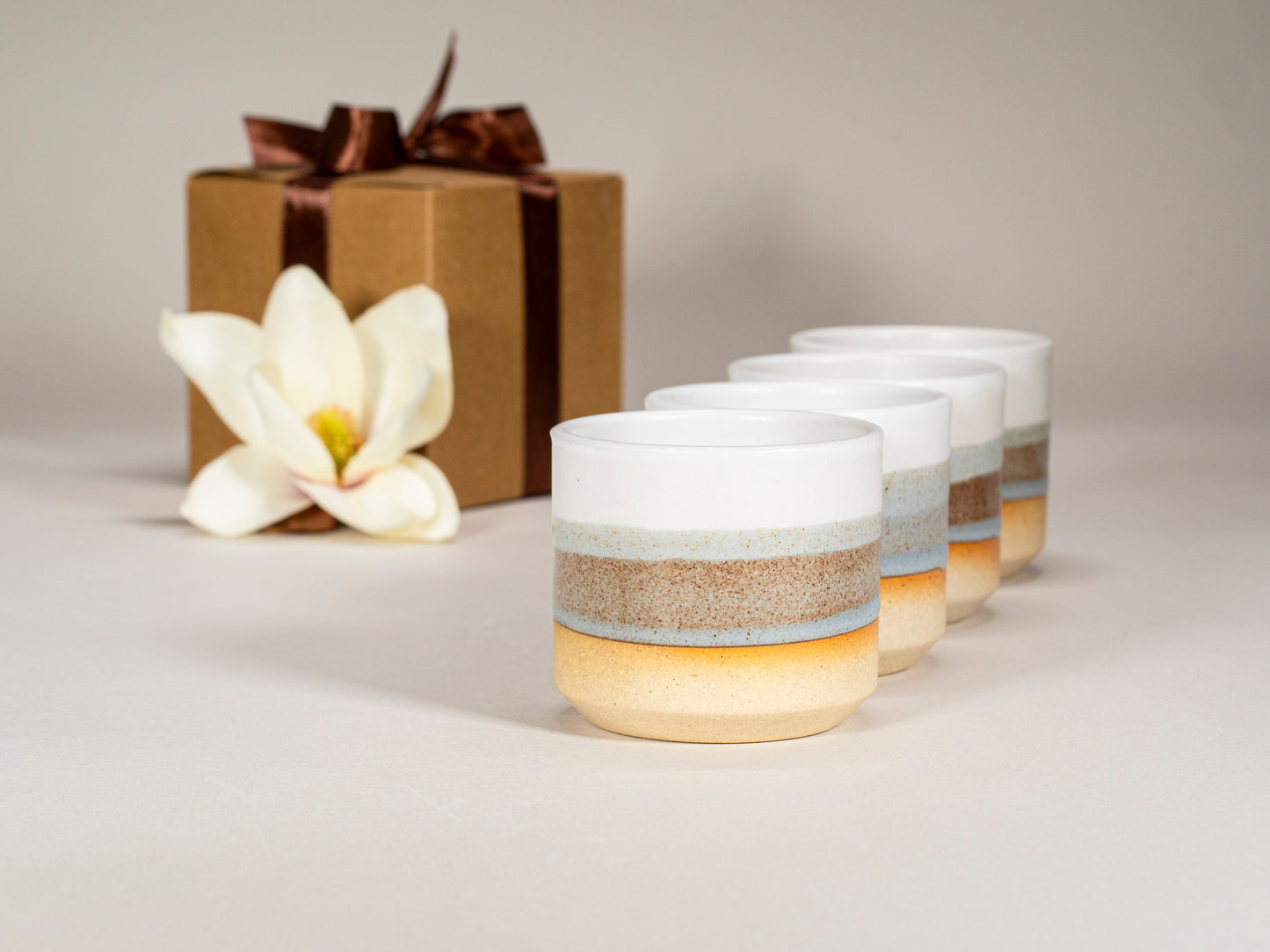 Gift Set: 14 oz cup and 5.5 oz cup in Brown Blue White Stoneware Handmade