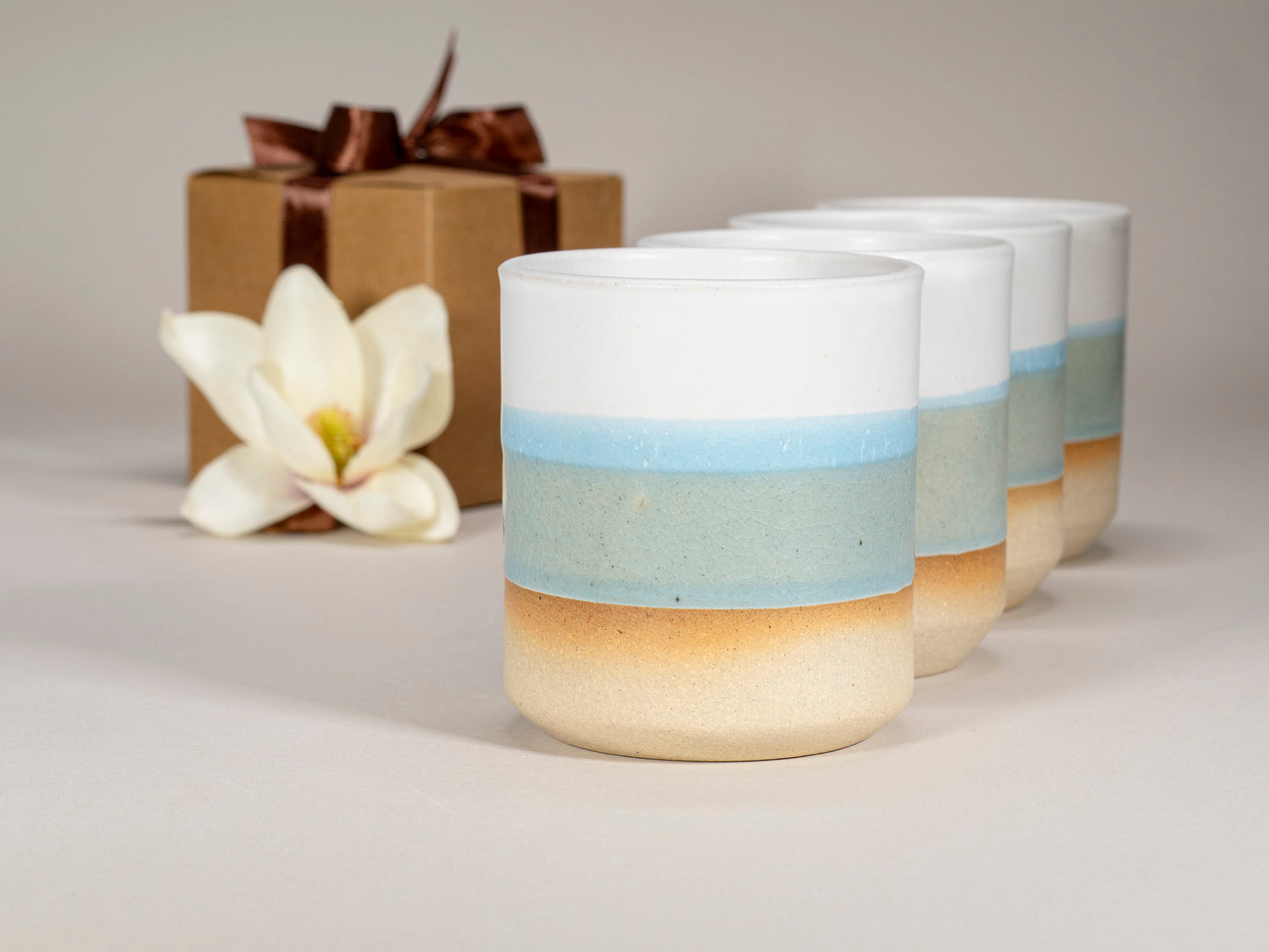 Gift Set: 14 oz cup and 5.5 oz cup in Light Blue White Stoneware