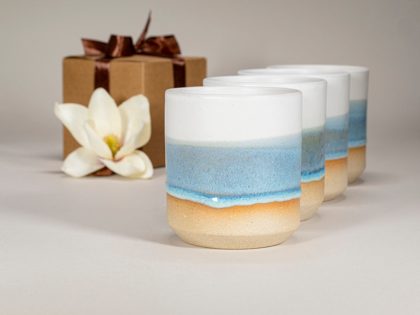 Gift Set: 14 oz cup and 5.5 oz cup in Ice Blue White Stoneware