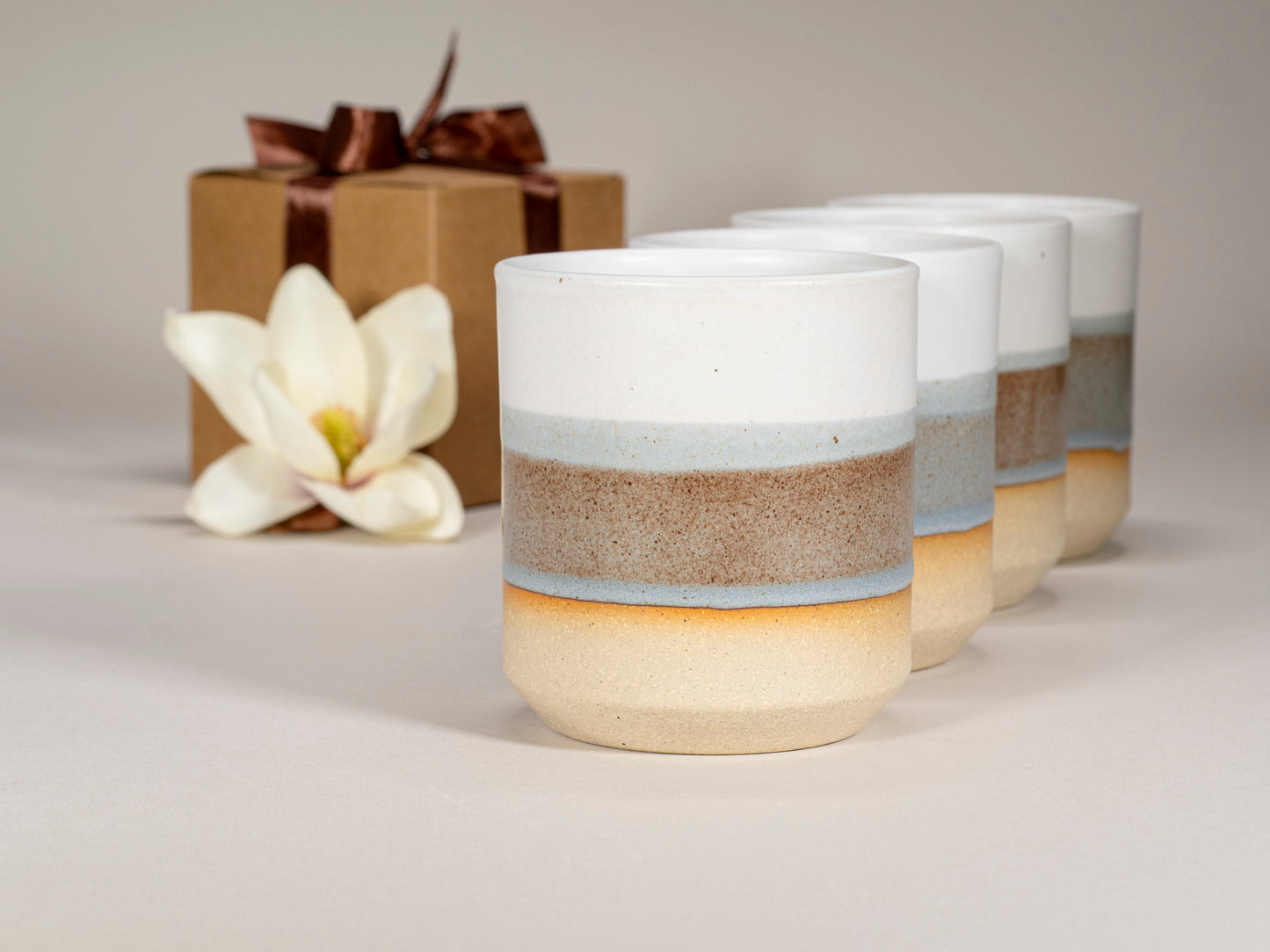 Gift Set: 14 oz cup and 5.5 oz cup in Brown Blue White Stoneware Handmade