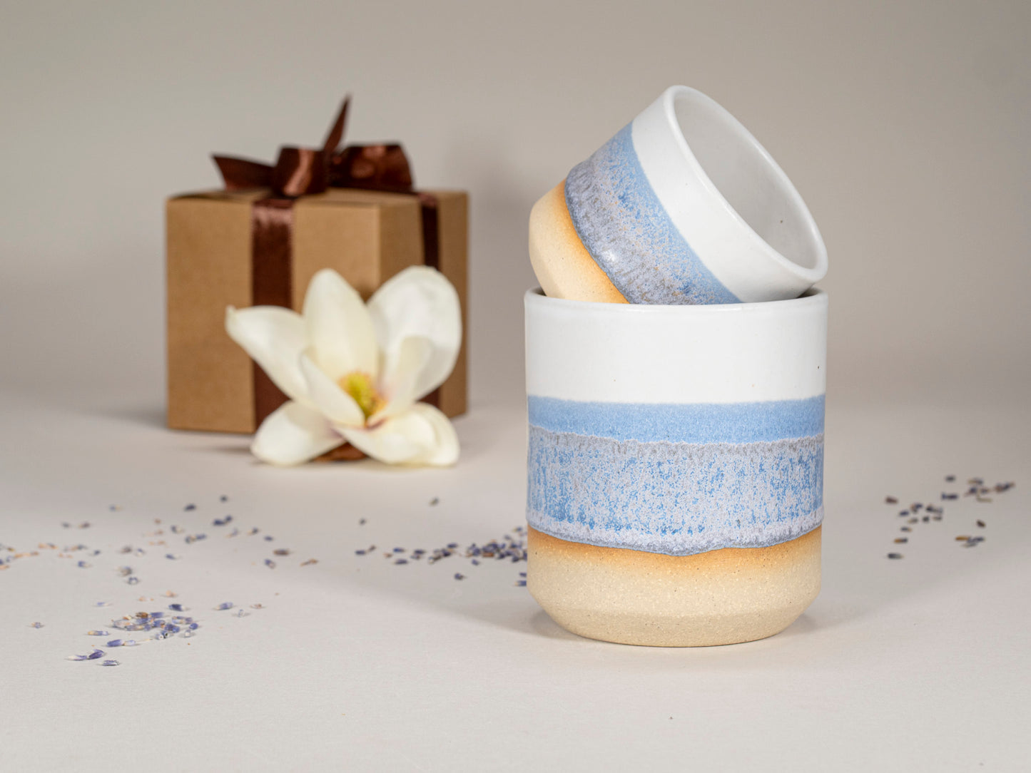 Gift Set: 14 oz cup and 5.5 oz cup in Blue Purple White Stoneware Handmade