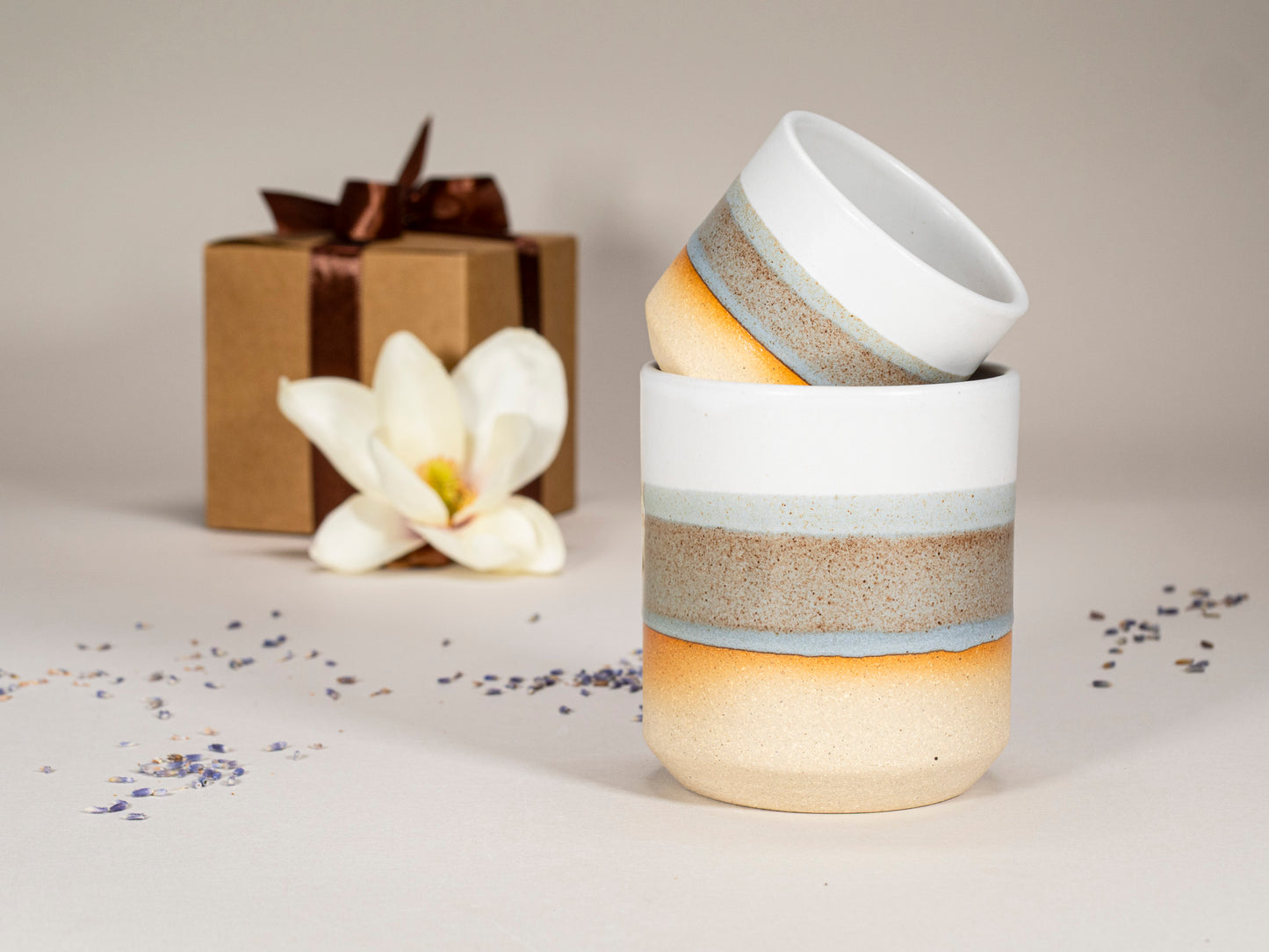 Gift Set: 14 oz cup and 5.5 oz cup in Brown Blue White Stoneware Handmade