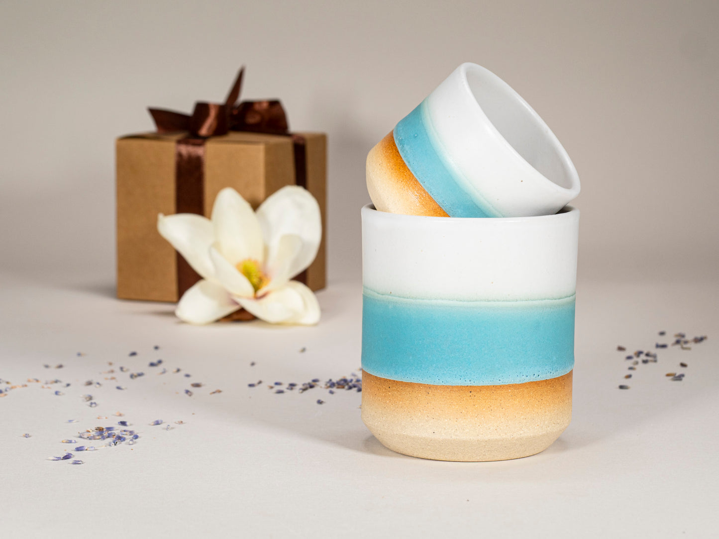Gift Set: 14 oz cup and 5.5 oz cup in Turquoise White Stoneware