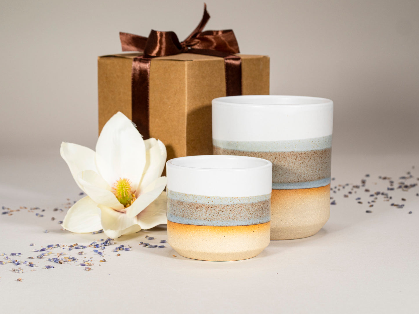 Gift Set: 14 oz cup and 5.5 oz cup in Brown Blue White Stoneware Handmade