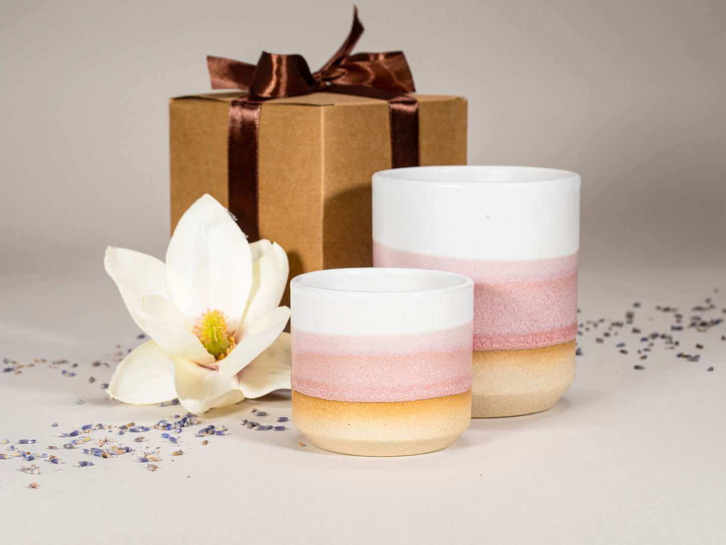 Gift Set: 14 oz cup and 5.5 oz cup in Pink White Stoneware