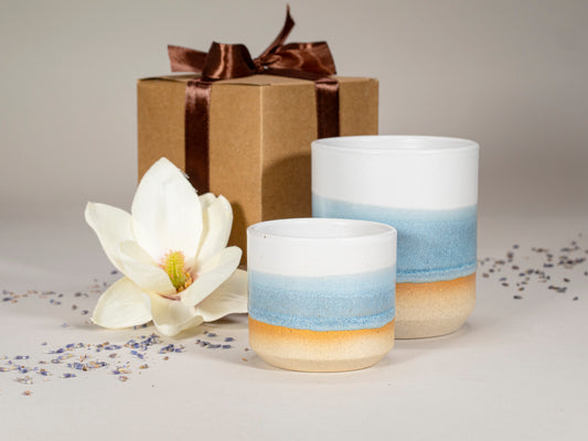 Gift Set: 14 oz cup and 5.5 oz cup in Ice Blue White Stoneware