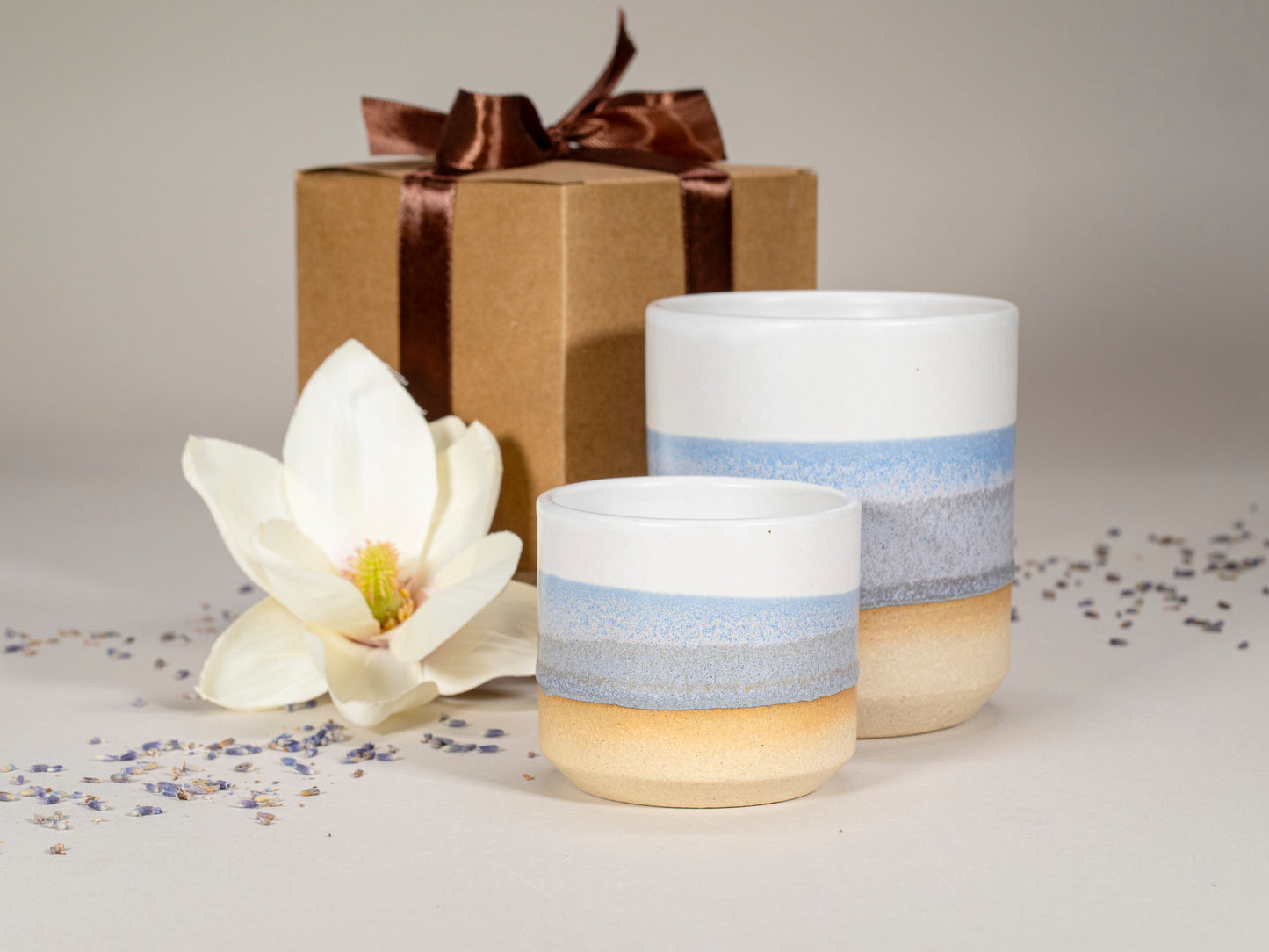 Gift Set: 14 oz cup and 5.5 oz cup in Blue Purple White Stoneware Handmade