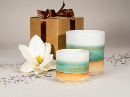 Gift Set: 14 oz cup and 5.5 oz cup in Green/White Stoneware