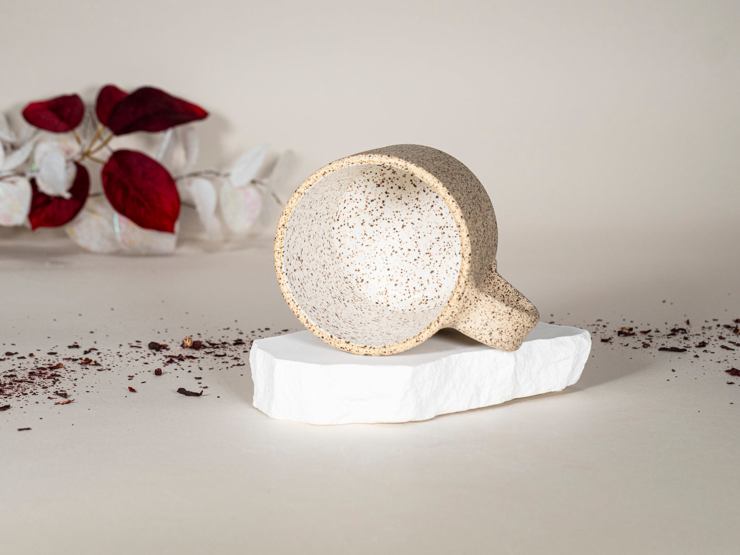 Small Ceramic Coffee Tea Mug Speckled White 8-10 oz Stoneware