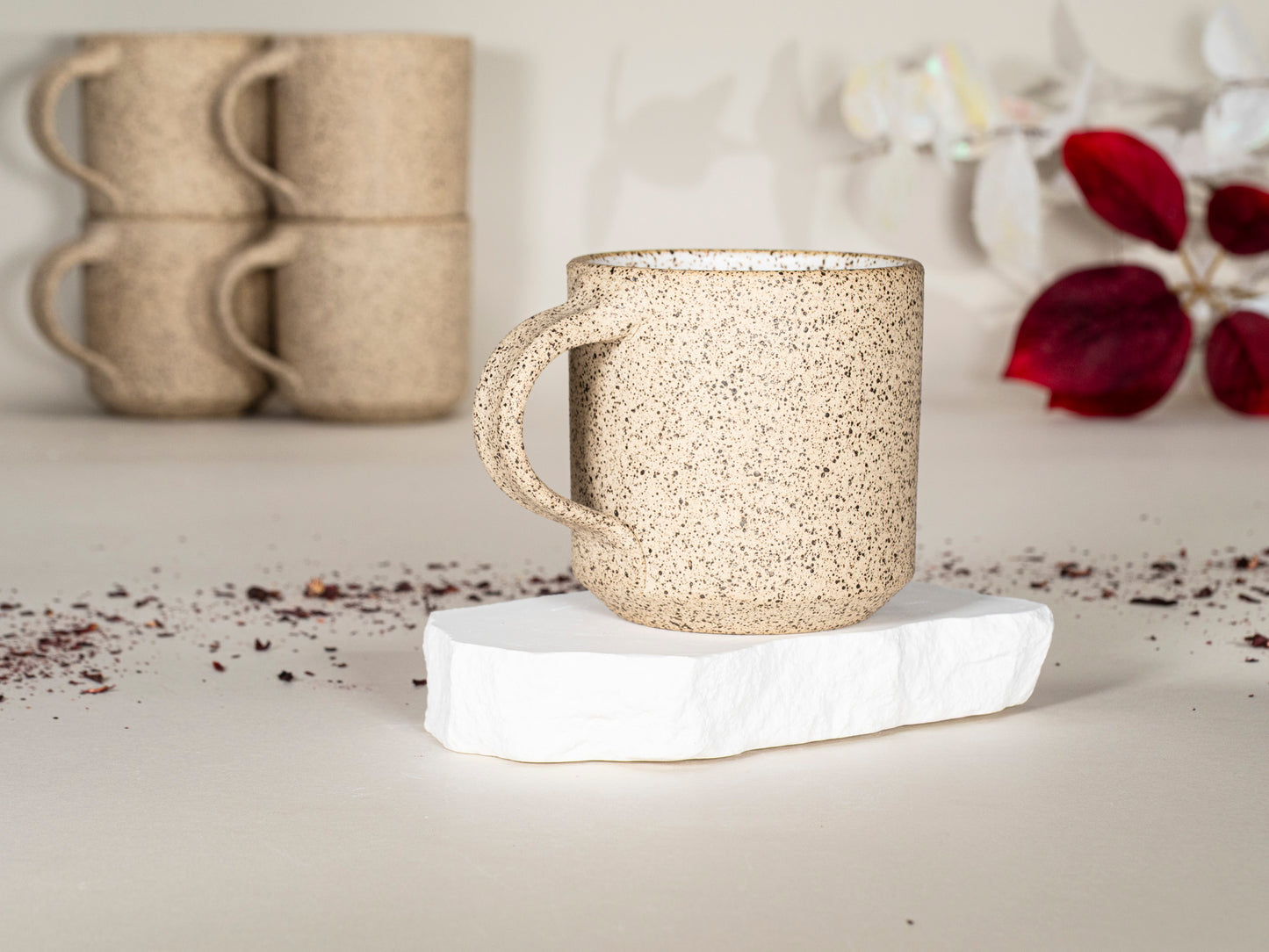 Small Ceramic Coffee Tea Mug Speckled White 8-10 oz Stoneware