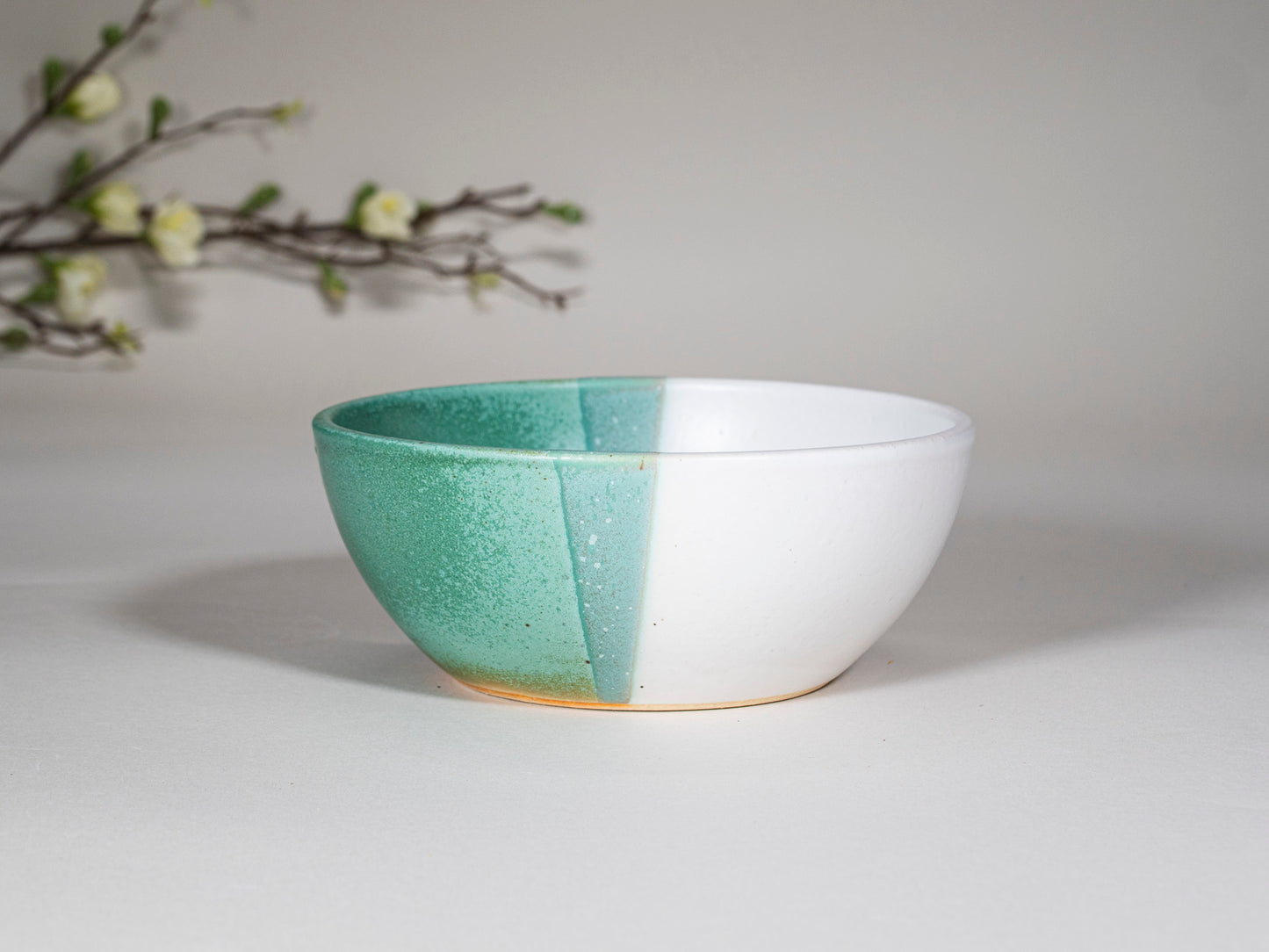 Breakfast Salad Soup Bowl Green White Stoneware Handmade