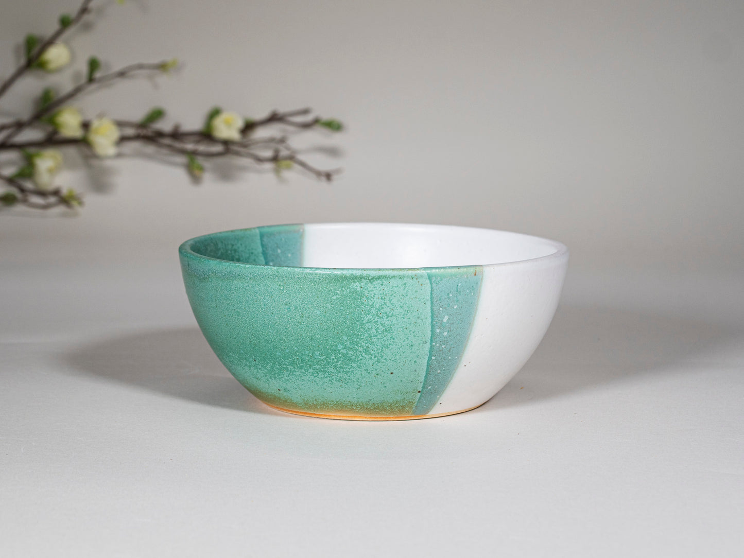 Breakfast Salad Soup Bowl Green White Stoneware Handmade