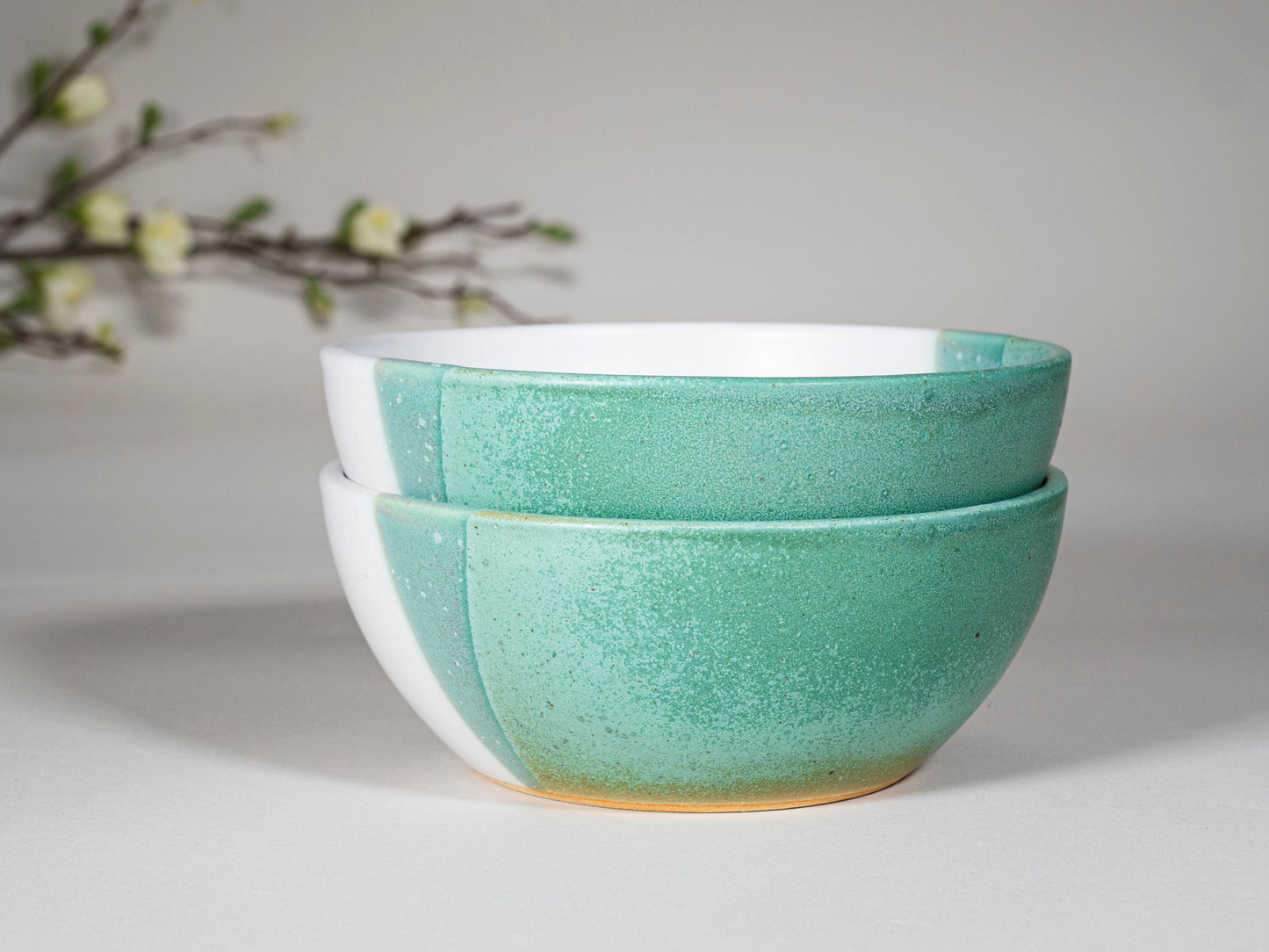 Breakfast Salad Soup Bowl Green White Stoneware Handmade