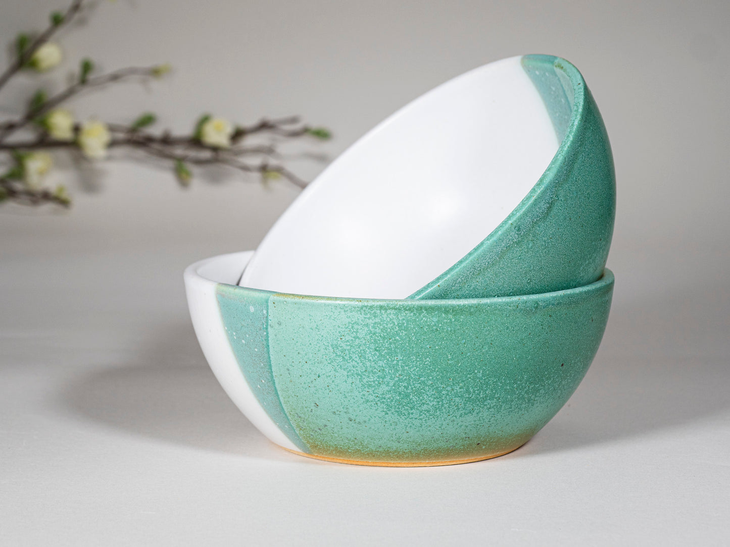 Breakfast Salad Soup Bowl Green White Stoneware Handmade