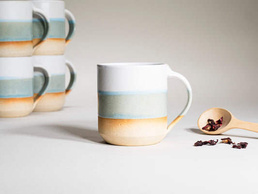 Ceramic Coffee Tea Mug with Handle Light Blue White 14 oz Stoneware