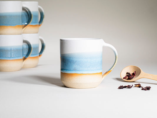 Ceramic Coffee Tea Mug with Handle Ice Blue White 14 oz Stoneware