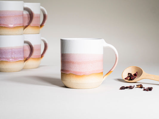 Ceramic Coffee Tea Mug with Handle Pink White 14 oz Stoneware