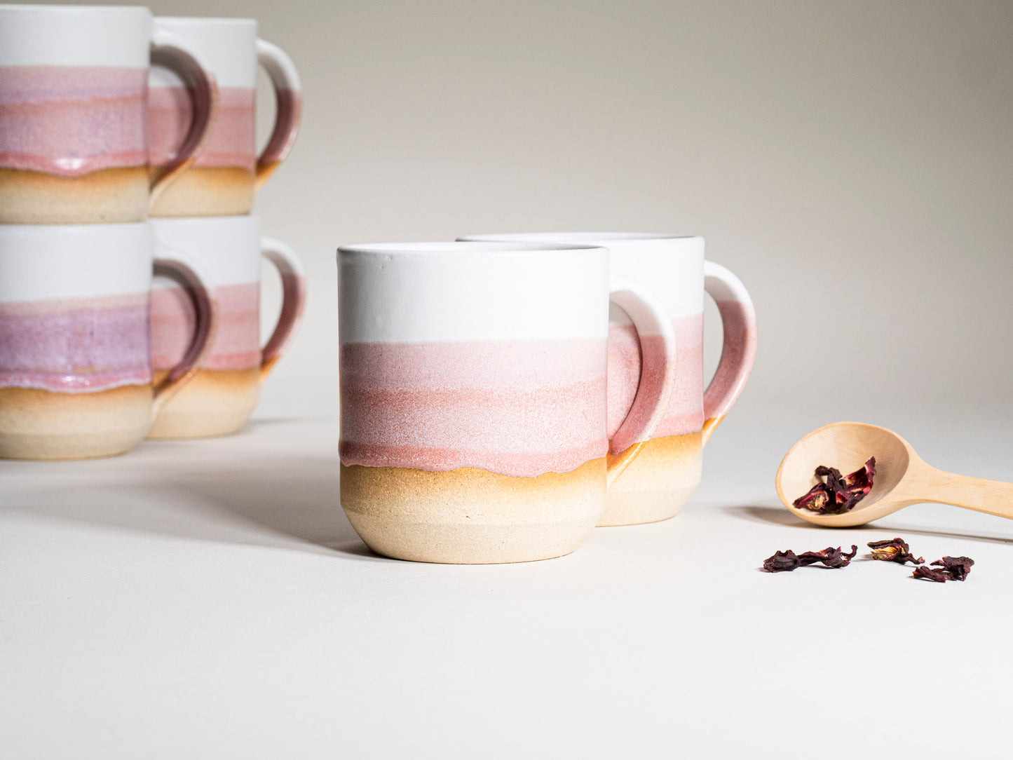 Ceramic Coffee Tea Mug with Handle Pink White 14 oz Stoneware
