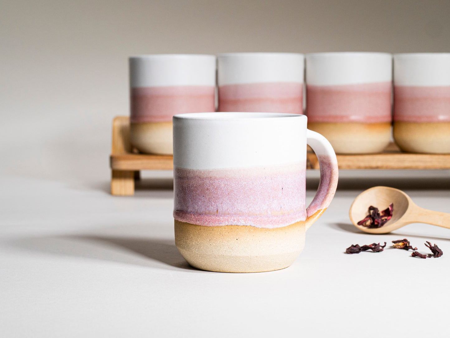 Ceramic Coffee Tea Mug with Handle Pink White 14 oz Stoneware