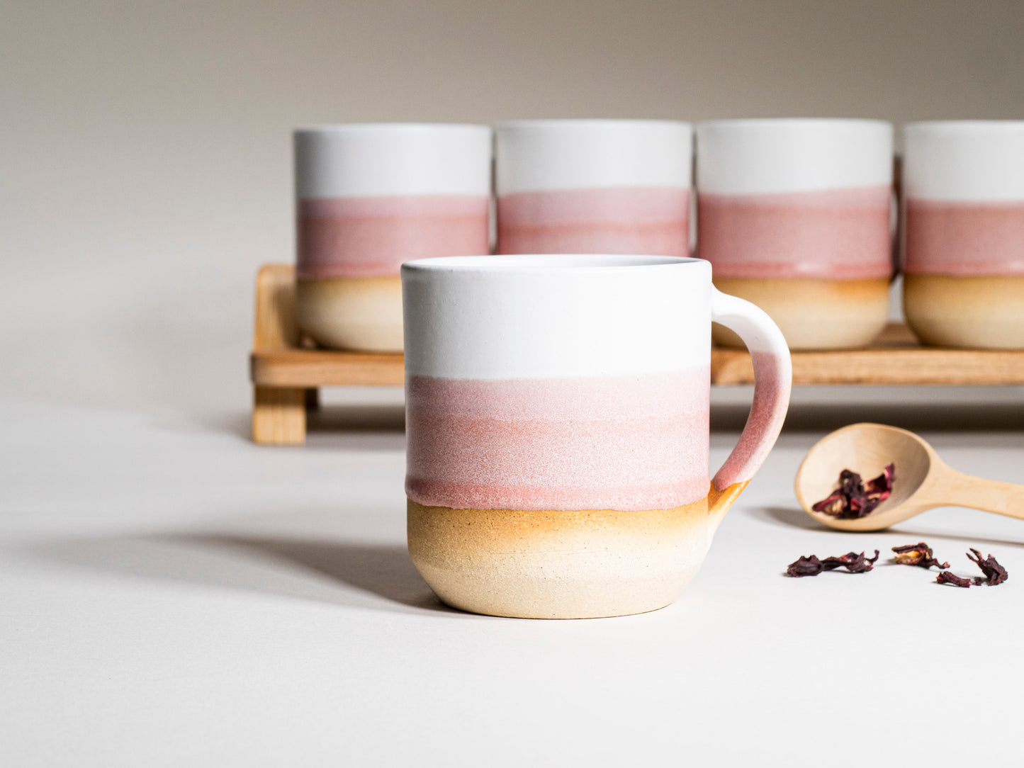 Ceramic Coffee Tea Mug with Handle Pink White 14 oz Stoneware