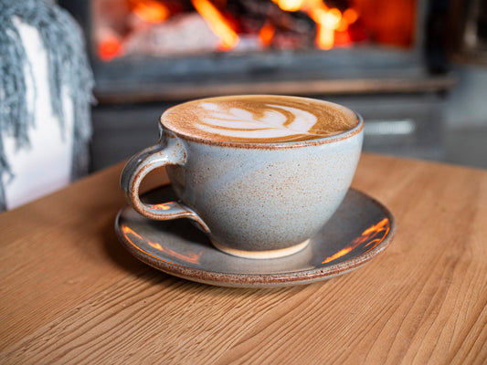 Cappuccino Cup, Latte Cup: Brown-Blue/White, approximately 10-12 oz, Stoneware