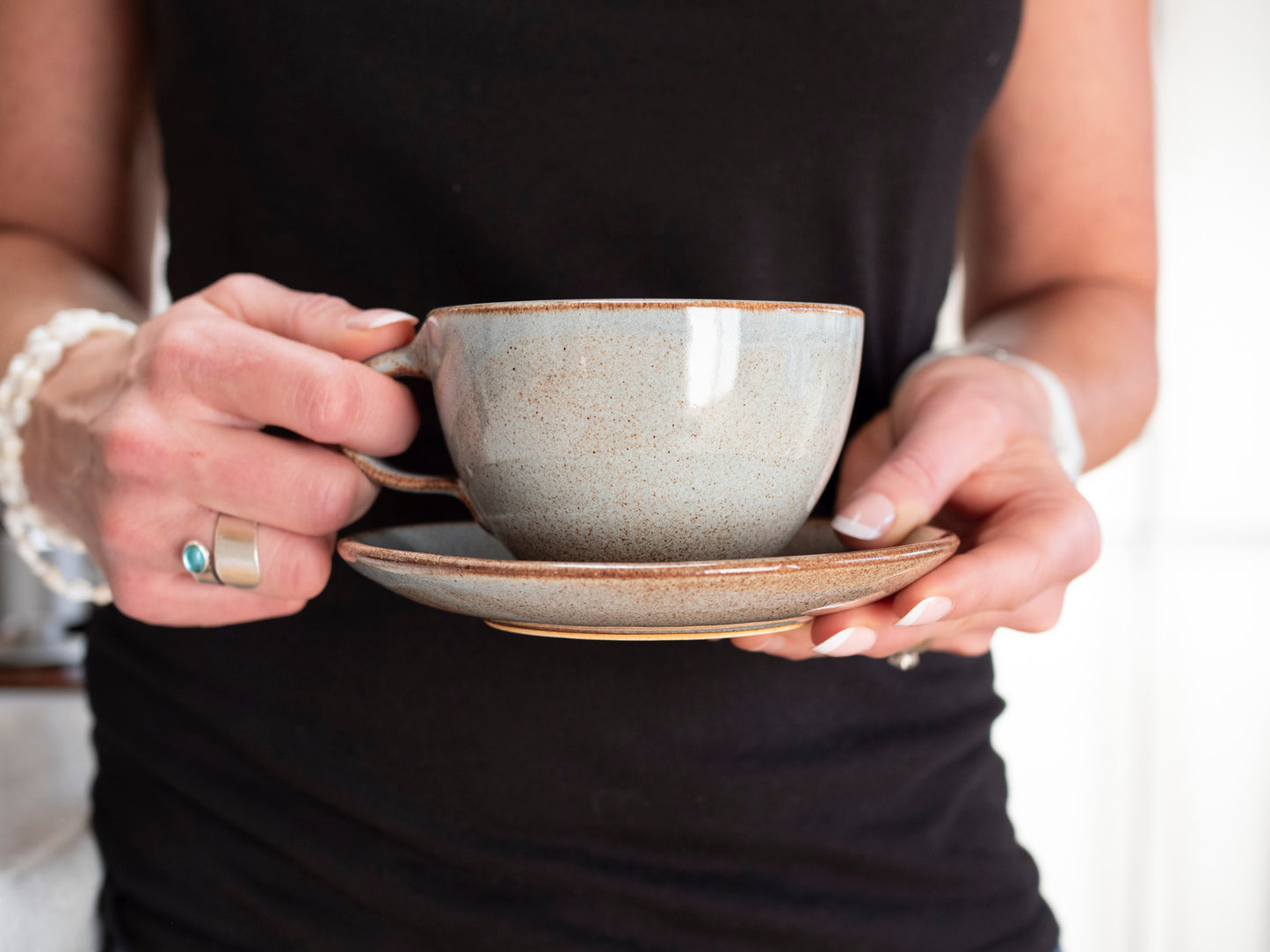 Cappuccino Cup, Latte Cup: Brown-Blue/White, approximately 10-12 oz, Stoneware