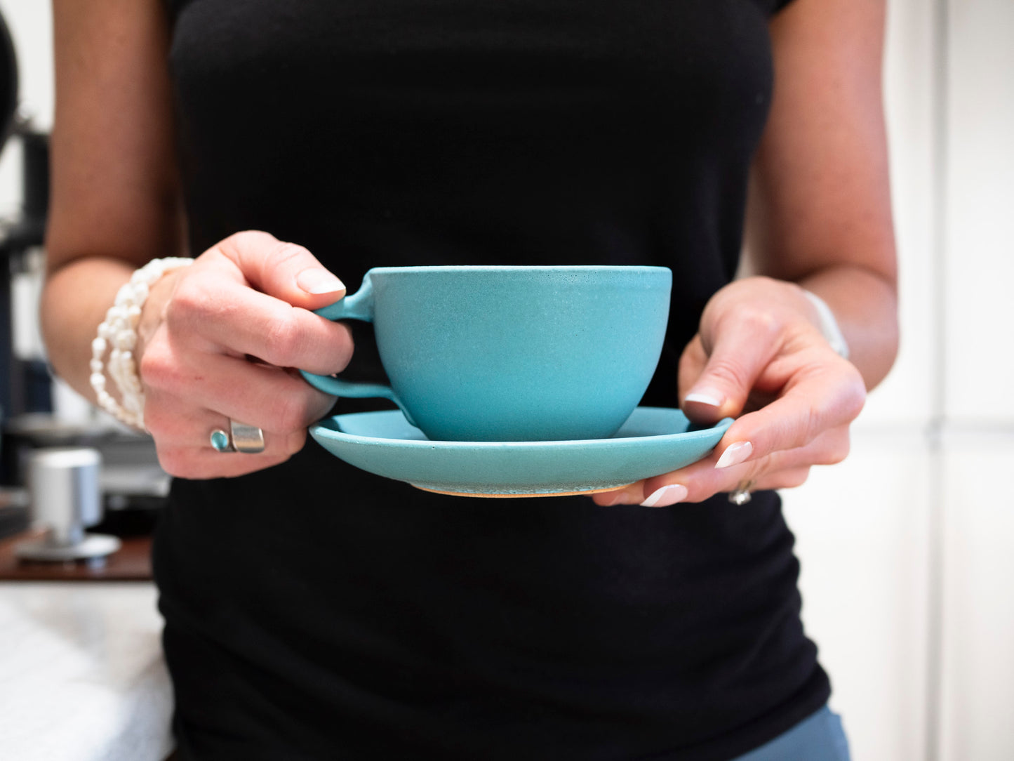 Cappuccino Cup, Latte Cup: Turquoise/White, approximately 10-12 oz, Stoneware