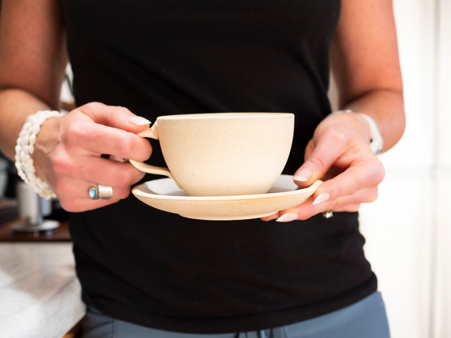 Cappuccino Cup, Latte Cup: Sandy/White, approximately 10 -12 oz, Stoneware