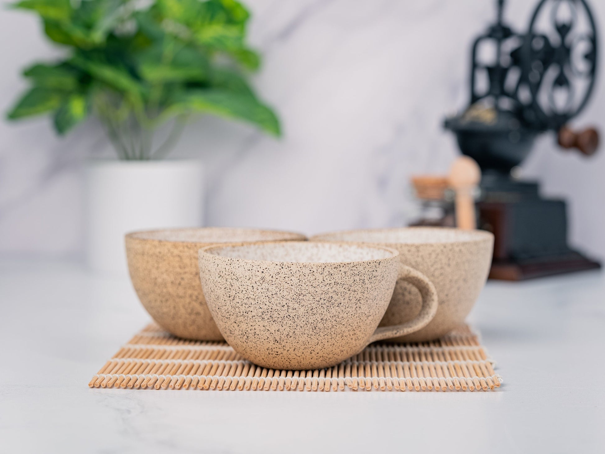 Cappuccino Cup, Latte Cup: White/Speckle, approximately 8 - 10 oz, Stoneware, Handmade