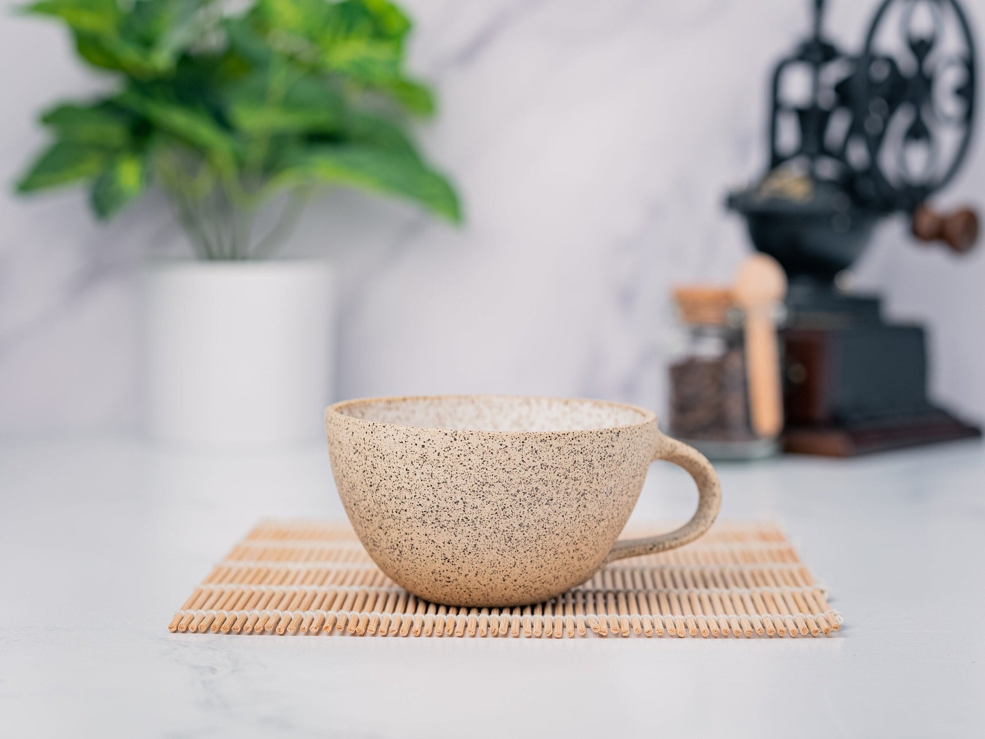 Cappuccino Cup, Latte Cup: White/Speckle, approximately 8 - 10 oz, Stoneware, Handmade