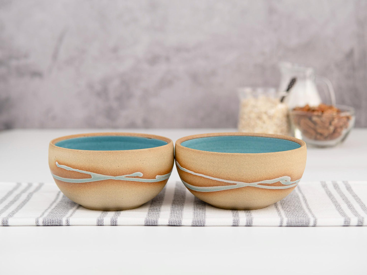 Breakfast Soup Salad Small Bowl: White/Turquoise, Stoneware, Handmade Aesthetic Modern Cereal Oatmeal Bowl Stoneware Decor Artisian Bowl