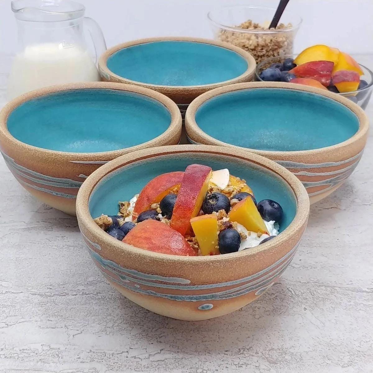 Breakfast Soup Salad Small Bowl: White/Turquoise, Stoneware, Handmade Aesthetic Modern Cereal Oatmeal Bowl Stoneware Decor Artisian Bowl