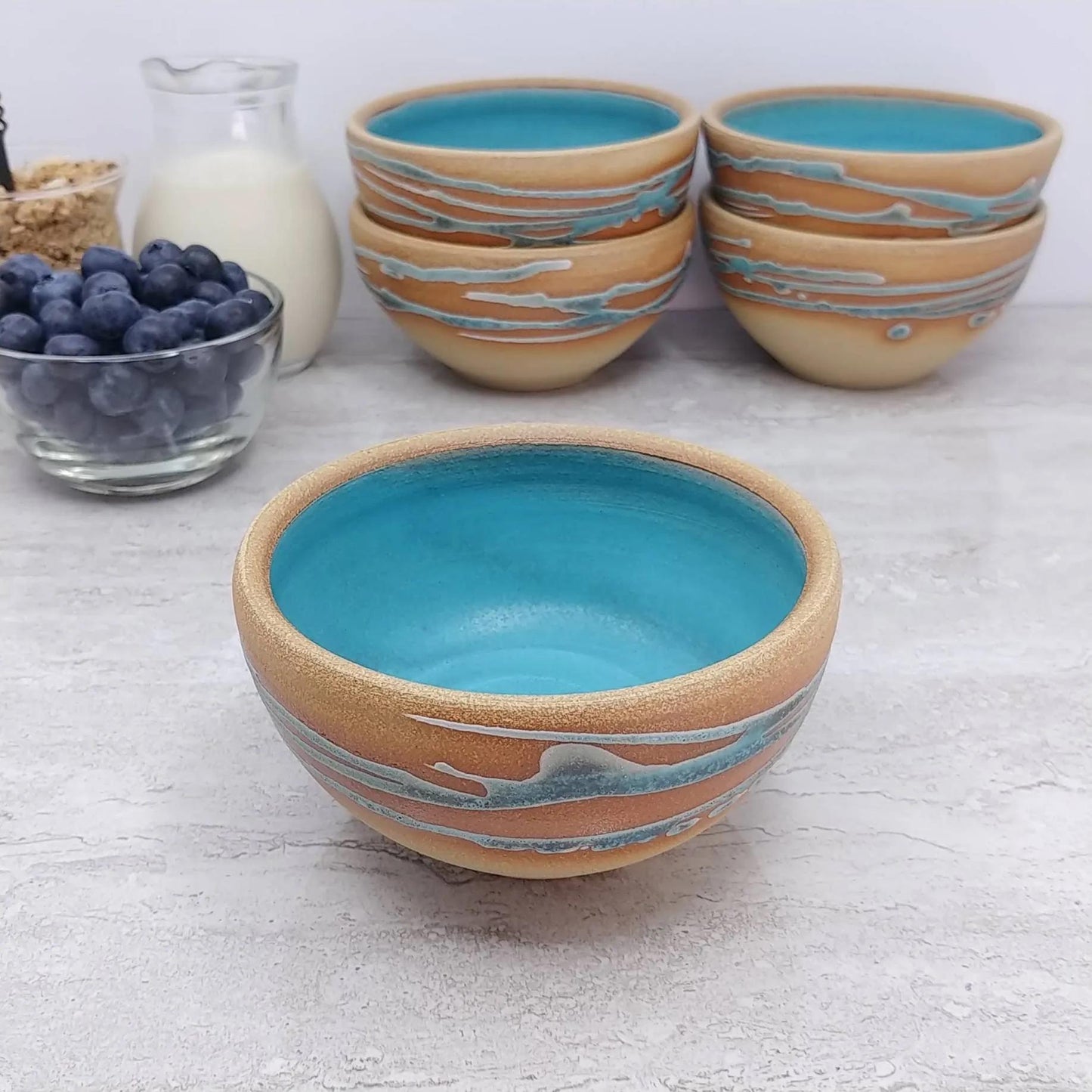 Breakfast Soup Salad Small Bowl: White/Turquoise, Stoneware, Handmade Aesthetic Modern Cereal Oatmeal Bowl Stoneware Decor Artisian Bowl